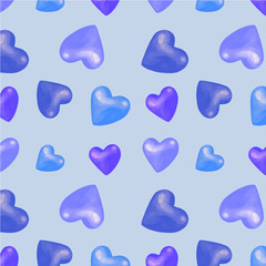 Pattern of hearts on a blue background. Watercolor illustration. Handmade