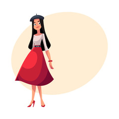 Young French woman dressed in Parisian style, cartoon vector illustration with place for text. Full length portrait of Parisian woman in black French beret, midi red skirt and high heels