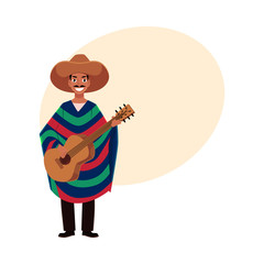 Mexican man in traditional national sombrero and poncho playing guitar, cartoon vector illustration with place for text. Full length portrait of Mexican man in national clothes playing guitar