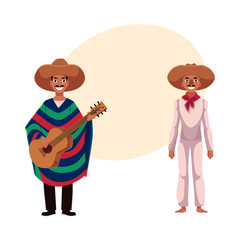 two Mexican man in traditional national sombrero and poncho playing guitar, cartoon vector illustration with place for text. two Full length portrait of Mexican man in national clothes