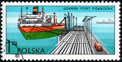 UKRAINE - CIRCA 2017: A stamp printed in POLAND shows Port in Harbour Gdansk, series Polish Harbours, circa 1976