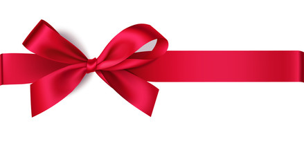 Decorative red bow with horizontal ribbon. Vector bow for page decor isolated on white