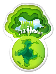 eco paper art design style, tree and family with nature.vector illustration
