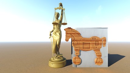 Trojan horse and computer. Law conception. 3d rendering