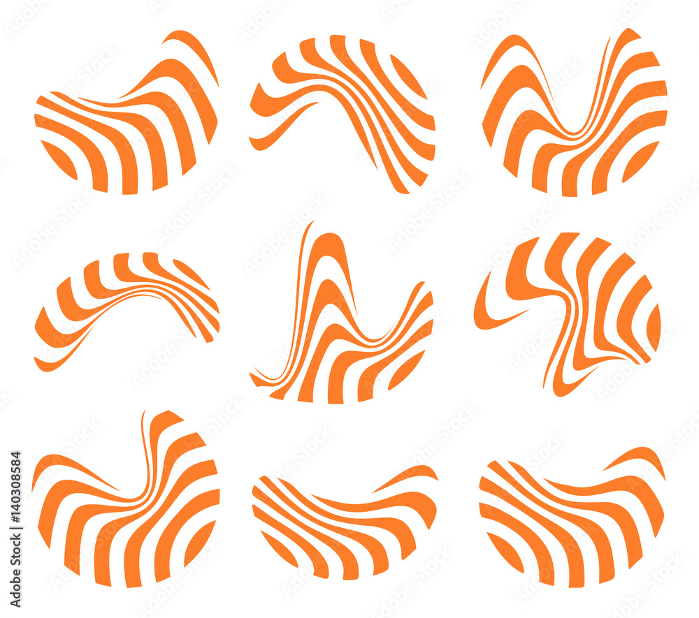 Poster isolated abstract orange and white logo set of wavy lines, curve shape striped logotype collection v