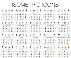 Vector illustration of isometric flat icons for business, bank, social media market, justice, internet technology, shop, education, sport, healthcare, art and construction. Color 3d web symbols set. - obrazy, fototapety, plakaty
