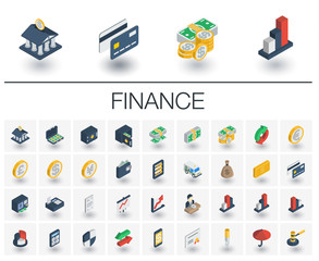 Isometric flat icon set. 3d vector colorful illustration with banking and finance symbols. Credit card, wallet, coin, safe, money bag, cash, dollar, euro, pound colorful pictogram Isolated on white
