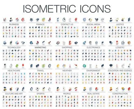 Vector illustration of isometric flat icons for business, bank, social media market, justice, internet technology, shop, education, sport, healthcare, art and construction. Color 3d web symbols set.