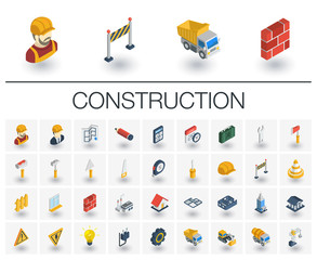 Isometric flat icon set. 3d vector colorful illustration with construction, industrial, architectural, engineering symbols. Home repair tools, worker, building colorful pictogram Isolated on white