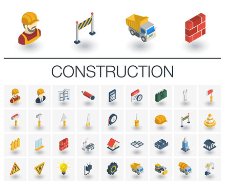 Isometric flat icon set. 3d vector colorful illustration with construction, industrial, architectural, engineering symbols. Home repair tools, worker, building colorful pictogram Isolated on white