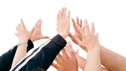 Many hands wanting / asking for something  isolated on white background , Clipping Path