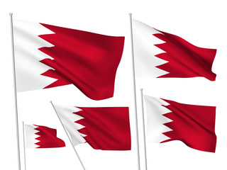 Bahrain vector flags set. 5 wavy 3D cloth pennants fluttering on the wind. EPS 8 created using gradient meshes isolated on white background. Five fabric flagstaff design elements from world collection