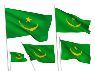 Mauritania vector flags set. 5 wavy 3D cloth pennants fluttering on the wind. EPS 8 created using gradient meshes isolated on white background. Five flagstaff design elements from world collection