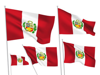 Peru vector flags set. 5 wavy 3D cloth pennants fluttering on the wind. EPS 8 created using gradient meshes isolated on white background. Five fabric flagstaff design elements from world collection