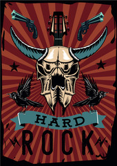 Hard rock poster with bull skull. Grunge style