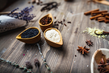 Different spices, herbs and roots view from the top