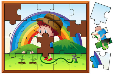 Jigsaw puzzle game with boy watering flower