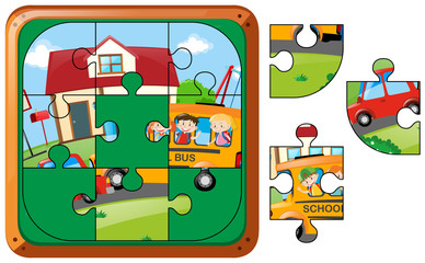 Fototapeta premium Jigsaw puzzle game with kids on schoolbus