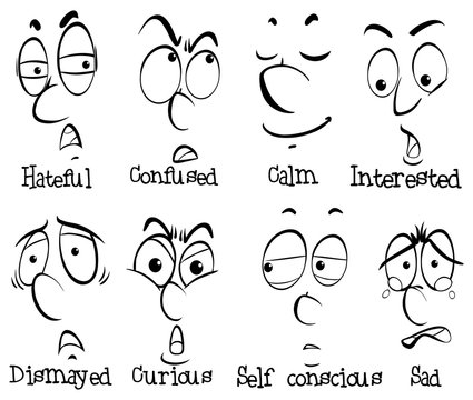 Eight human faces with different emotions