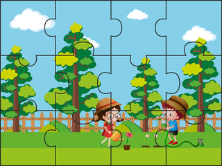 Jigsaw puzzle pieces for kids in the park