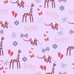 Seamless baby background with giraffe and elephant
