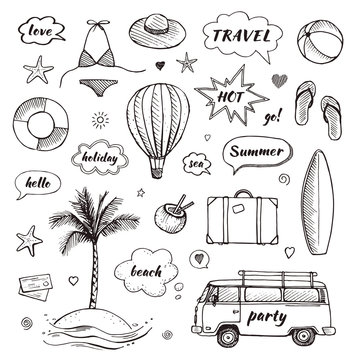 Set of hand drawn travel doodle. Tourism and summer sketch with travelling elements and speech bubbles. Vector illustration