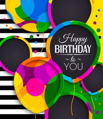 Happy birthday greeting card. Paper balloons with colorful borders. Drops color on background. Vector illustration.