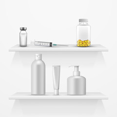 Medical accessories on the shelf, set of medical and health care objects, vector illustration