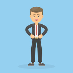 Isolated standing businessman. Funny cartoon character with smile in the suit.