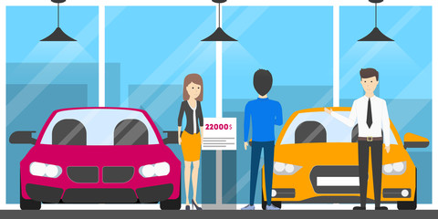 Showroom dealership store. Salesman with visitors. Different colors automobiles.