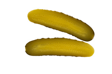 Half of pickled cucumber on white isolated background