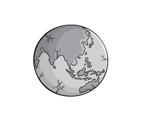Earth icon with crack on white background. World map in doodles or globe retro style. Ecology design concept for warming pollution.