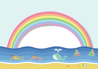 Fototapeta na wymiar Rainbow cartoon with human swimming in the sea. Colors background with sky and sun white or speech bubble. Concept environmentally friendly for earth day.