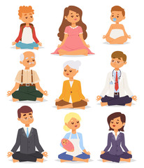 Lotus position yoga pose meditation art relax people relax isolated on white background design concept character happiness vector illustration.