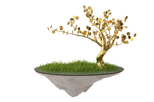 A Gold Tree On The Air Island.3D Illustration.