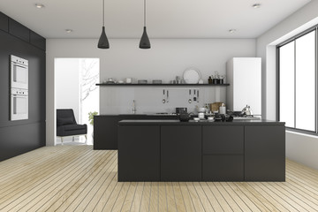 3d rendering black minimal kitchen near living room