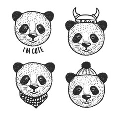 Hand drawn cartoon panda head prints set. Vector vintage illustration.