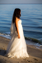 Fototapeta na wymiar portrait of brunette bride in wedding dress with a beautiful hairstyle, veil and makeup on the seafront