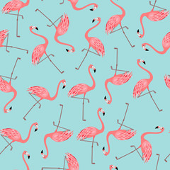 Seamless pattern with flamingo on blue background