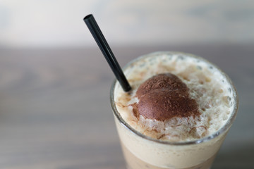 top view ice cappuccino milk glass