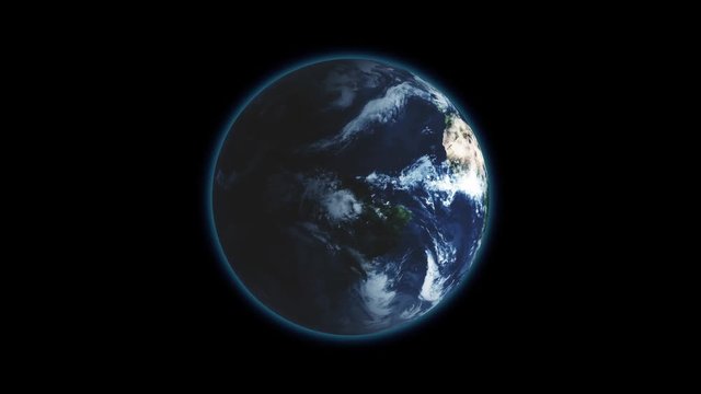 Realistic Earth Rotating on Black (Loop). Globe is centered in frame, with correct rotation in seamless loop. Texture map courtesy of NASA.