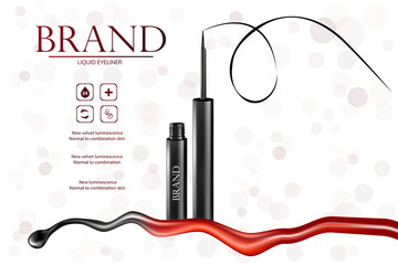 Cosmetic eyeliner pen products, with liquid ink elements white bokeh background, 3d illustration