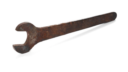 old rusty wrench, isolated on white background