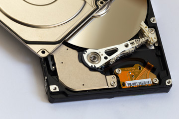 Opened hard drive from the computer on white background