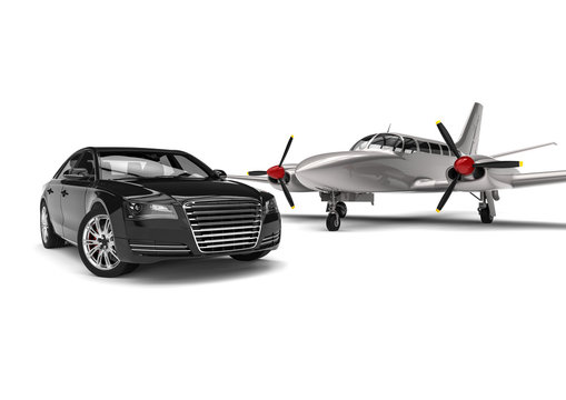 Private plane with a Luxury Car / 3D render image representing an private plane with a luxury car