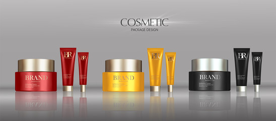 Cosmetic cream package set, attractive blank containers with colorful caps. 3d illustration for makeup promo