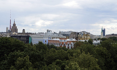 Fototapeta na wymiar Riga, panorama towards the old town. TV Tower, Academy of Sciences, Railway Station, University, Art Nouveau.