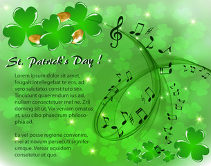 St. Patrick's musical background with clover and coins