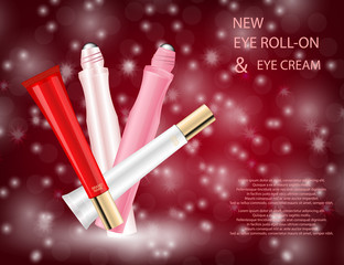 Glamorous Set of tubes with lip gloss and eye roll-on on the  sparkling effects background