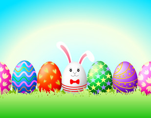 Cute bunny with eggs of Easter day. Happy Easter concept. Illustration.